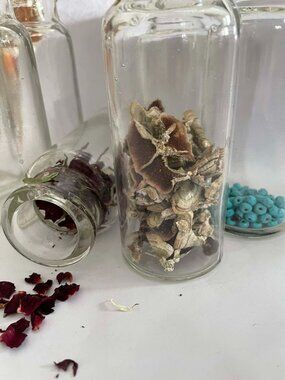 Apothecary Antique lot of 7 dairy cream bottles, Glass, Witch Potion, rustic